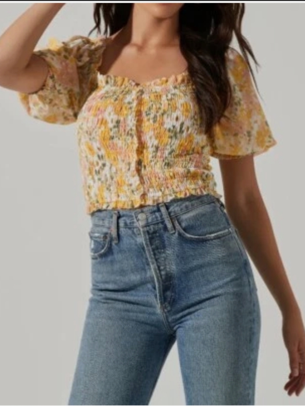 ASTR The Label | Yellow Floral Smocked Puff Sleeve Crop Top